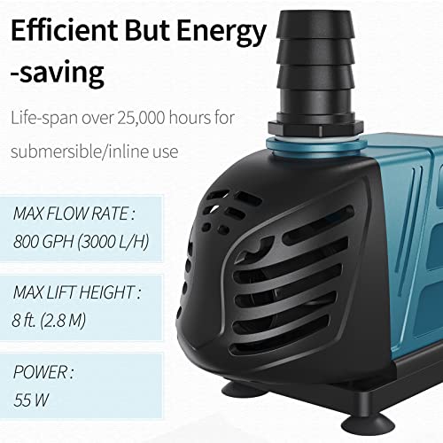 Aquarium 800 GPH Submersible and Inline Water Pump 55W 8ft High Lift AC 120 V Quiet Return Pump with 6 ft. Power Cord for Large Fish Tanks Pond Waterfalls Fountains Sumps and Gardens