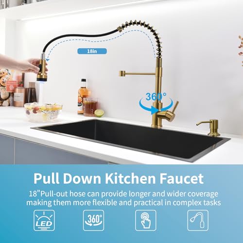 Led Gold Kitchen Faucet with Soap Dispenser