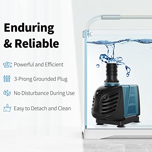 Aquarium 800 GPH Submersible and Inline Water Pump 55W 8ft High Lift AC 120 V Quiet Return Pump with 6 ft. Power Cord for Large Fish Tanks Pond Waterfalls Fountains Sumps and Gardens