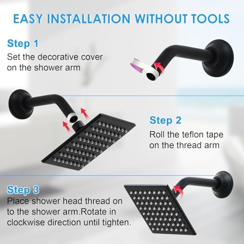 6 Inch Square Shower Head Black Stainless Steel High Pressure Rain Shower Heads with Extension Arm Adjustable Angle Replacement Shower Head for Modern Bathroom
