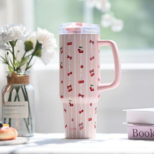 DetaClean 40oz Stripe Cherry Pink Tumbler with Handle and Flip Straw for Women