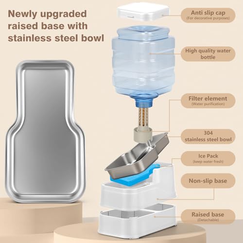 1.1 Gallon Pet Automatic Dog Water Dispenser Cat Gravity Waterer Feeder with Stainless Steel Bowl 8L Large Capacity Puppy Feeding Raised Bowls with Filter