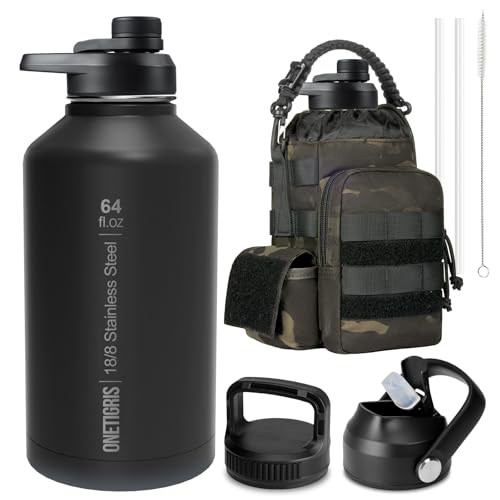 64oz Tactical Insulated Water Bottle with 3 Lids & MOLLE Pouch