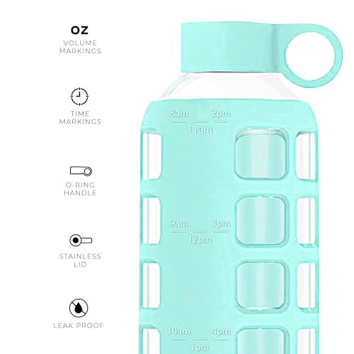 40oz / 32oz / 22oz / 12oz Borosilicate Glass Water Bottle with Time & Volume Markers, Silicone Sleeve, Stainless Steel Lid | Reusable Glass Bottle for Water & Juice (22oz Glow-in-the-Dark) (4 Count)