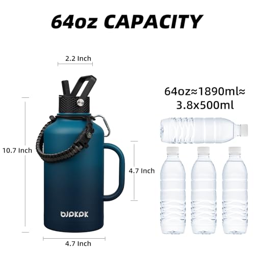 64oz Insulated Water Bottle with Straw Lid Large Stainless Steel Jug