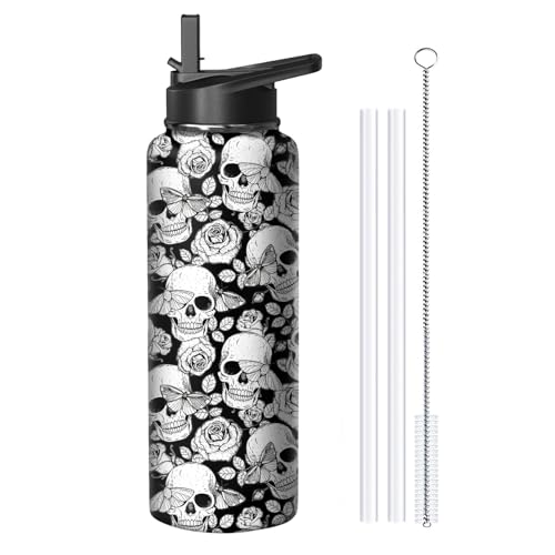 40oz Skull Water Bottle with Handle and Flip Straw