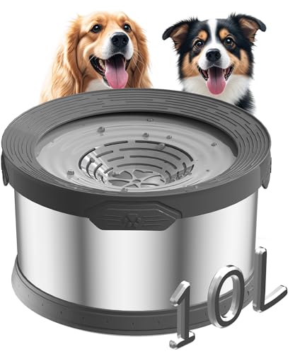 10L Dog Water Bowl No Spill 2.6 Gallon Super Large Capacity Stainless Steel No Splash Dog Bowls 338oz Slow Drinking Feeder with Non