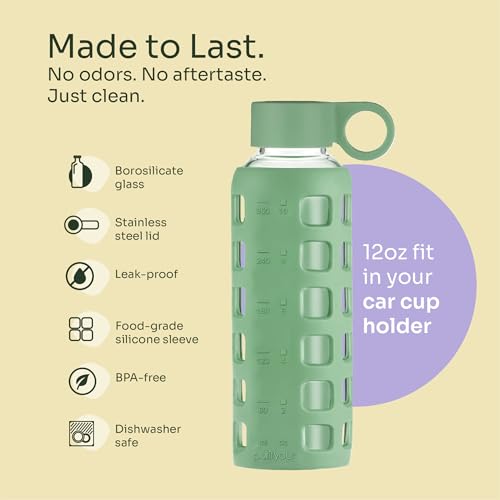 40oz / 32oz / 22oz / 12oz Borosilicate Glass Water Bottle with Time & Volume Markers, Silicone Sleeve, Stainless Steel Lid | Reusable Glass Bottle for Water & Juice (12oz Shale Green)