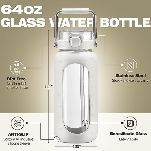 64oz Water Bottle Glass with Stainless Steel Handle Large Water Bottle with Time Markers and Silicone Sleeve Half Gallon Water Jug BPA Free for Gym Daily Use