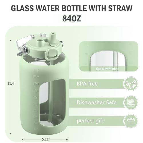 84oz Water Bottle Glass with Stainless Steel Handle Large 2.5l Water Bottle with Time Markers and Silicone Sleeve Half Gallon Water Jug BPA Free for Gym Daily Use