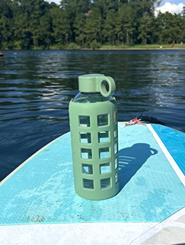 40oz / 32oz / 22oz / 12oz Borosilicate Glass Water Bottle with Time & Volume Markers, Silicone Sleeve, Stainless Steel Lid | Reusable Glass Bottle for Water & Juice (22oz Shale Green)