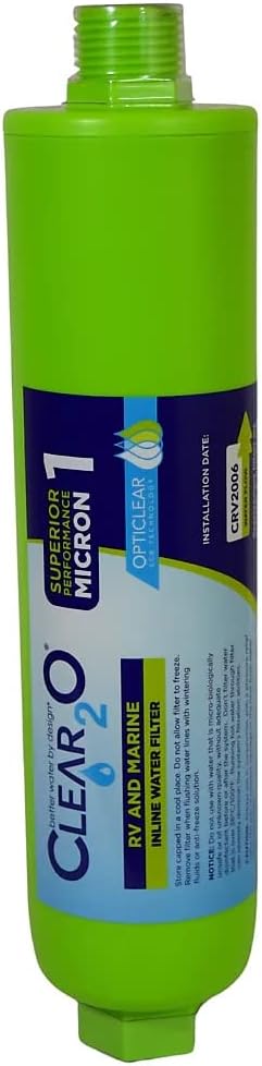 CLEAR2O® RV AND MARINE INLINE WATER FILTER - Ideal for RV and Marine Use, Reduces Odors, Bad Taste, Chlorine with One Micron Solid Carbon Block, (Green) - CRV2006