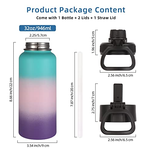 32oz Insulated Water Bottles Bulk 4 Pack with Straw Lid&Spout Lid (4 Count)
