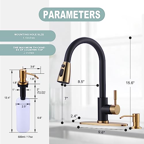 Black and Gold Kitchen Faucet with Soap Dispenser