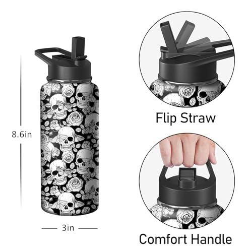 18oz Skull Water Bottle with Handle and Flip Straw