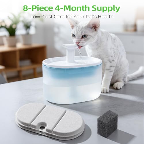 Cat Water Fountain Replacement Filters 71oz 2.1L Capsule 8 Pack + 8 Sponges (16 Count)