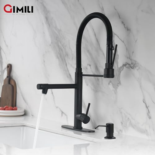 Matte Black Kitchen Faucet with Soap Dispenser and Pull