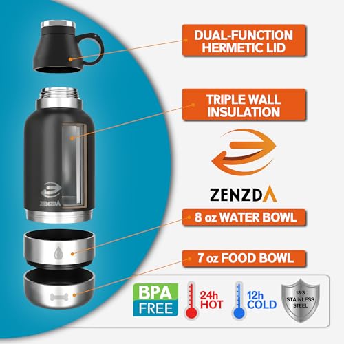 3-in-1 Dog Water Bottle – Insulated Stainless Steel Travel Bottle with Food Bowl, Leakproof, Carrying Bag & Brush