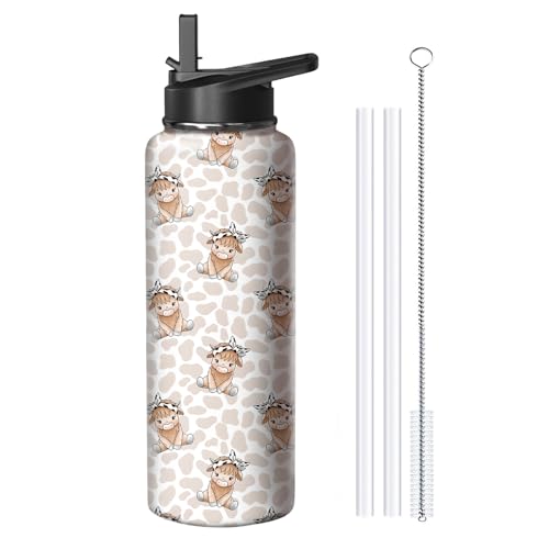 40oz Highland Cow Water Bottle with Handle and Flip Straw