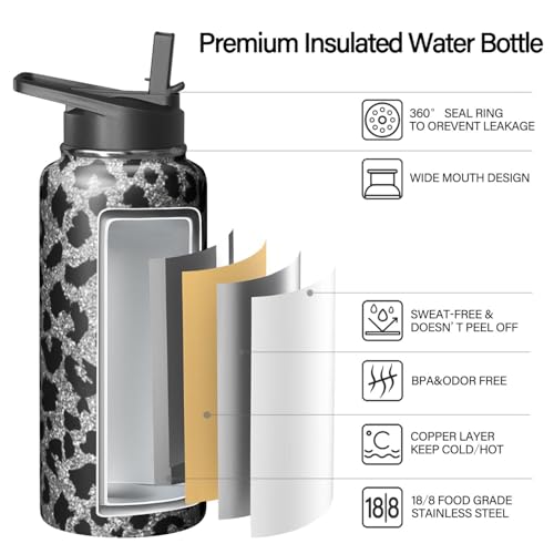 32oz Leopard Water Bottle with Handle and Flip Straw