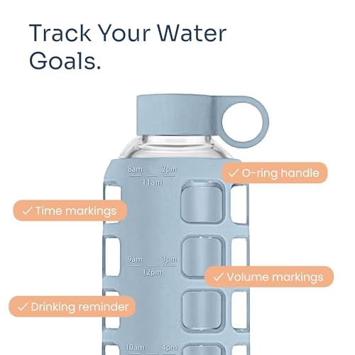 40oz / 32oz / 22oz / 12oz Borosilicate Glass Water Bottle with Time & Volume Markers, Silicone Sleeve, Stainless Steel Lid | Reusable Glass Bottle for Water & Juice (22oz Ice Blue)