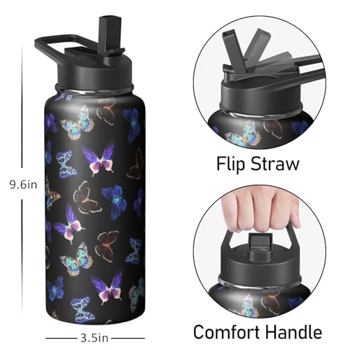 32oz Butterfly Water Bottle with Handle and Flip Straw