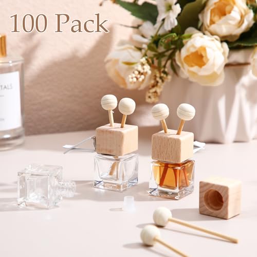 100 Pcs Car Diffuser Bottles Empty Bulk Vent Clip Car Air Freshener Diffuser for Essential Oil Perfume Glass Bottle with Wooden Caps Stick Fragrance Ornament (27 Fl Oz)