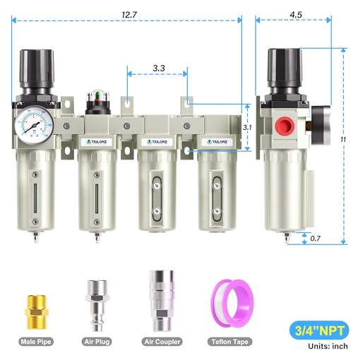 0-240PSI 3/4 Inch NPT Industrial Grade 4 Stage Air Drying System, Particulate Filter, Coalescing Filter, Double Desiccant Dryer 5 Micron Filter +0.01 Micron Filter (Manual Drainage)