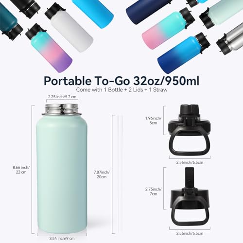 32 oz Insulated Water Bottles Bulk with 2 Lids (8 Count)
