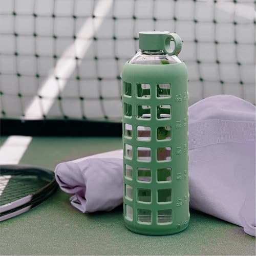 40oz / 32oz / 22oz / 12oz Borosilicate Glass Water Bottle with Time & Volume Markers, Silicone Sleeve, Stainless Steel Lid | Reusable Glass Bottle for Water & Juice (32oz Shale Green)