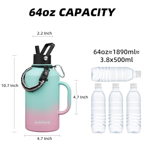 64oz Insulated Water Bottle with Straw Lid Large Stainless Steel Jug