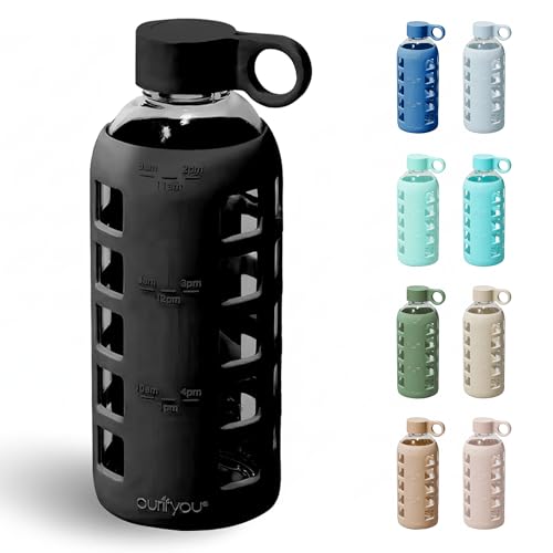 40oz / 32oz / 22oz / 12oz Borosilicate Glass Water Bottle with Time & Volume Markers, Silicone Sleeve, Stainless Steel Lid | Reusable Glass Bottle for Water & Juice (22oz Jet Black)