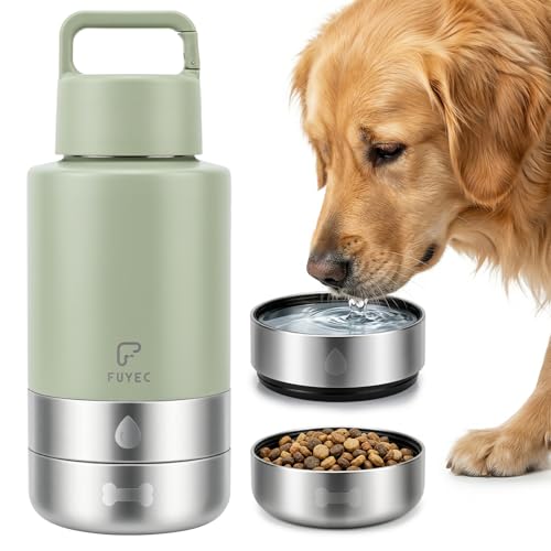 32oz 3-in-1 Dog Water Bottle Stainless Travel Cup with 2 Bowls,Green