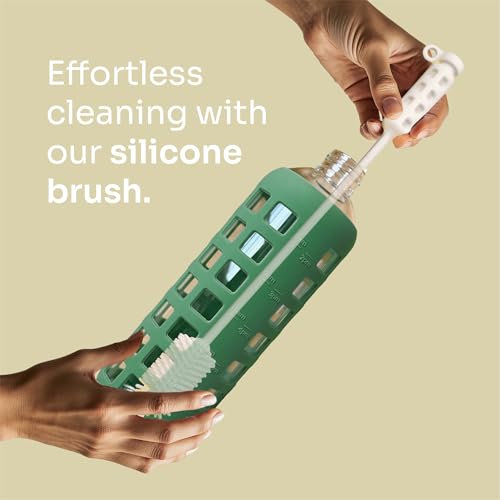 40oz / 32oz / 22oz / 12oz Borosilicate Glass Water Bottle with Time & Volume Markers, Silicone Sleeve, Stainless Steel Lid | Reusable Glass Bottle for Water & Juice (40oz Shale Green)