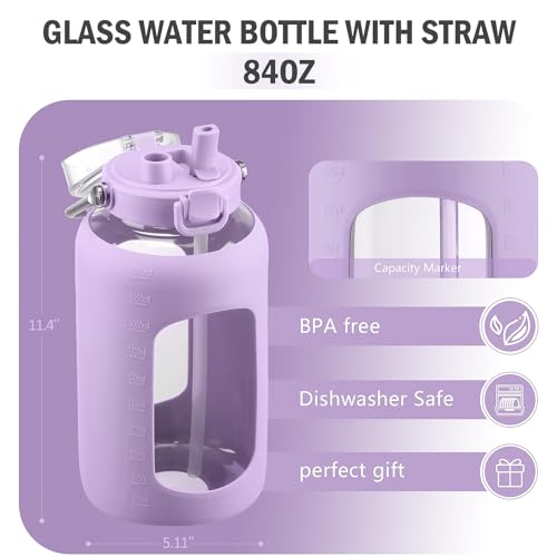 84oz Water Bottle Glass with Stainless Steel Handle Large 2.5l Water Bottle with Time Markers and Silicone Sleeve Half Gallon Water Jug BPA Free for Gym Daily Use
