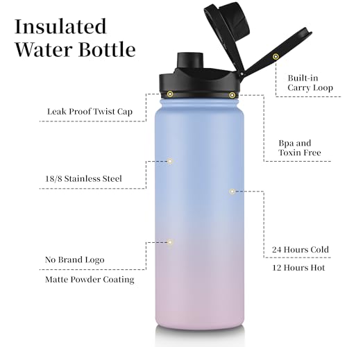 24 oz Insulated Water Bottle with Straw Lid & Wide Mouth Lids