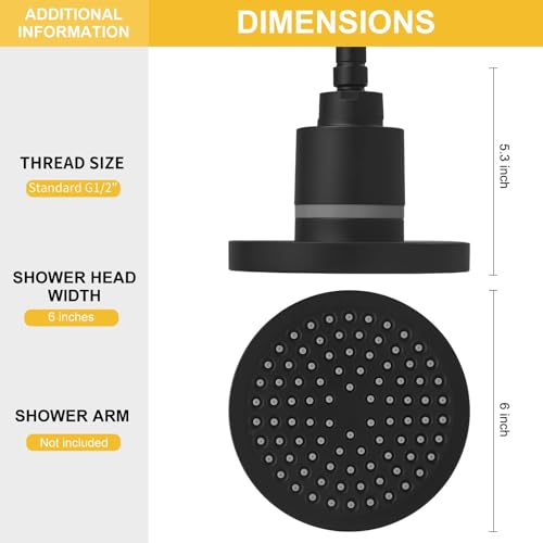 Filtered 6 Inch Round Rain Shower Head High Pressure Rainfall Showerhead Filter Heavy Duty For Hard Water Universal for Remove Chlorine and Harmful Substances Matte Black