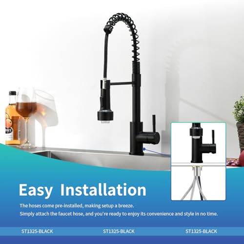 Black Kitchen Faucet with Pull Down Sprayer Single Hole Stainless Steel LED Faucet