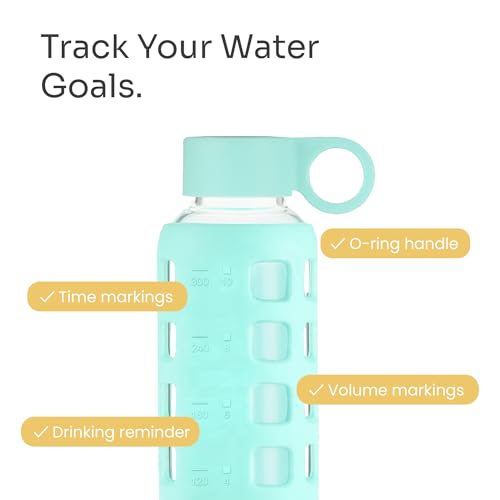 40oz / 32oz / 22oz / 12oz Borosilicate Glass Water Bottle with Time & Volume Markers, Silicone Sleeve, Stainless Steel Lid | Reusable Glass Bottle for Water & Juice (12oz Glow-in-the-Dark)