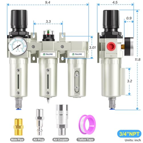 0-240PSI 3/4" NPT Industrial 3-Stage Air Dryer System – Particulate Filter, Coalescing Filter, Desiccant Dryer & Regulator (Auto Drain)