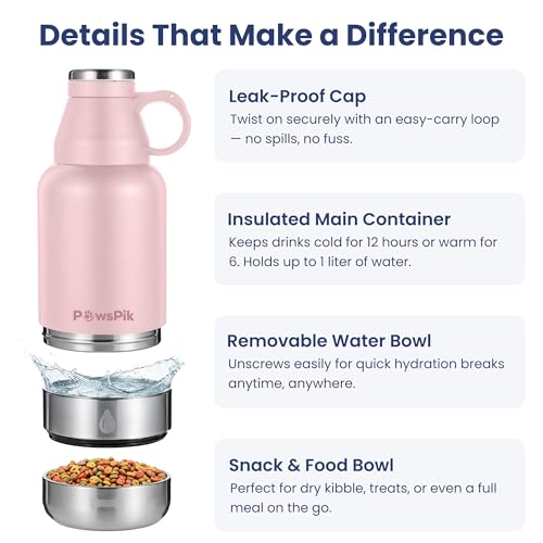 3-in-1 Travel Dog Water Bottle & Bowl Set, 32oz, Pink
