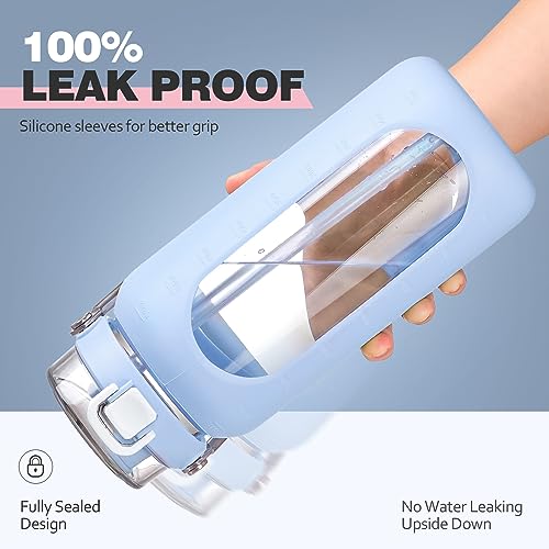 64oz Water Bottle Glass with Stainless Steel Handle Large Water Bottle with Time Markers and Silicone Sleeve Half Gallon Water Jug BPA Free for Gym Daily Use