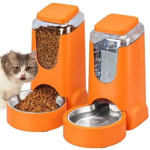 Portable Automatic Cat Feeder and Water Dispenser with Stainless Steel Bowl Dog Gravity Food Feeder and Waterer for Small Medium Pets Puppy Kitten 1 Gallon x 2