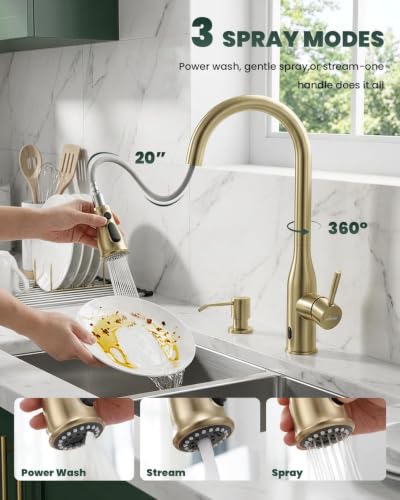 Gold Touchless Kitchen Sink Faucet with Soap Dispenser and Sprayer