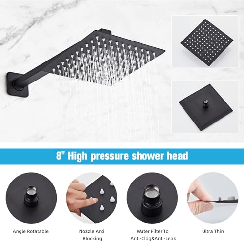 Shower Faucet Set Matte Black Bathroom Rainfall Shower System Wall Mount with 8 Inch Square Shower Head
