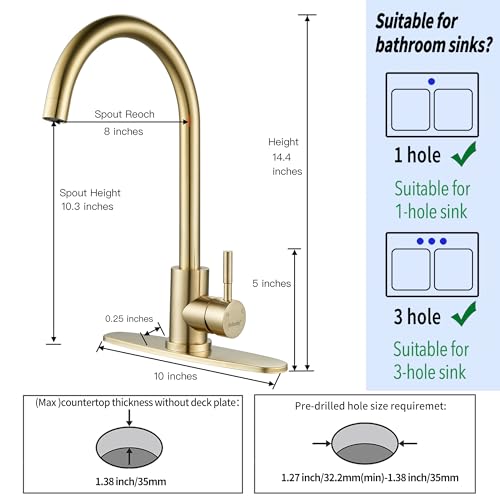 Single Handle High Arc Brushed Gold Kitchen Faucet Stainless Steel Commercial Single Hole Kitchen Sink Faucet