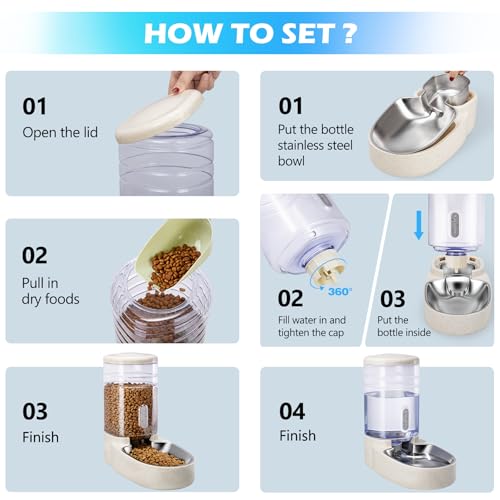 Automatic Cat Feeder and Water Dispenser with Stainless Steel Bowl Gravity Food Feeder and Waterer Set for Small Medium Dog Puppy Kitten 1 Gallon x 2