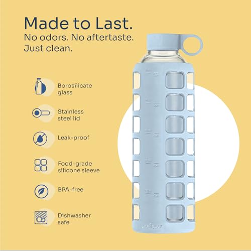 40oz / 32oz / 22oz / 12oz Borosilicate Glass Water Bottle with Time & Volume Markers, Silicone Sleeve, Stainless Steel Lid | Reusable Glass Bottle for Water & Juice (32oz Ice Blue)