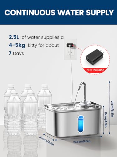 Cat Water Fountain Stainless Steel for Cats Indoor 2.5L 85oz by BPA