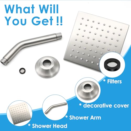 6 Inch Square Shower Head Stainless Steel High Pressure Rain Shower Heads with Extension Arm Adjustable Angle Replacement Shower Head for Modern Bathroom